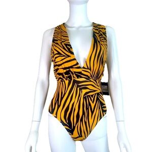 Swim RX Woman’s Sz XS Tiger Stripe Plunge Halter Swim Suit Gold Black SEXY PARTY